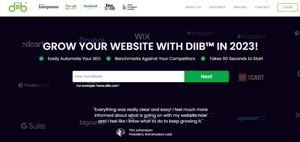 DiiB website landing page